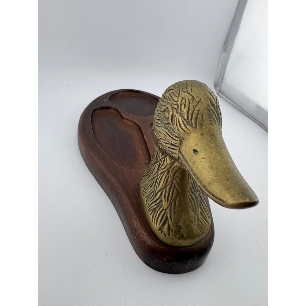 Vintage Brass Duck Head Trinket Dish Wooden Tray Vanity Organizer‎ Desk Decor